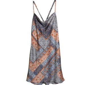 SO Goods for Life Orange Blue Patchwork Satin feel Slip Dress Womens XL